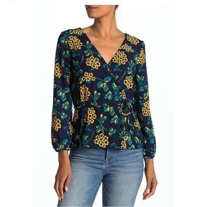 J. Crew Navy Floral Wrap Blouse with Yellow Accents